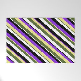 [ Thumbnail: Vibrant Purple, Tan, Dark Olive Green, White & Black Colored Lined/Striped Pattern Welcome Mat ]