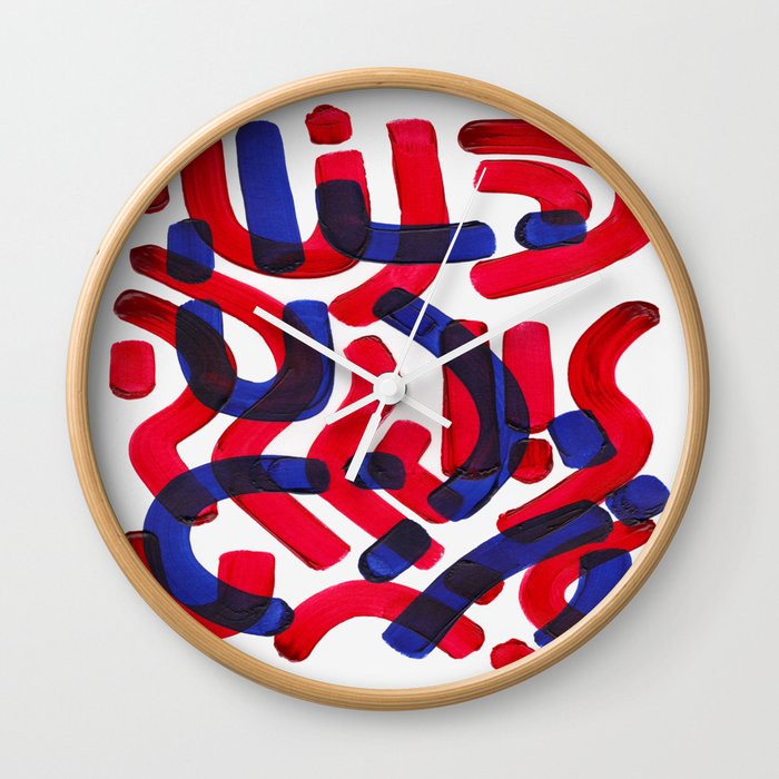 Mid Century Modern Abstract Colorful Unique Alien Pattern Shapes Burgundy Blue Alien Symbols Wall Clock