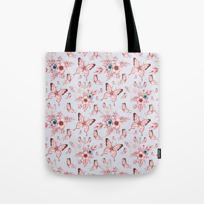 Monochrome anemone flowers and butterflies - floral print Tote Bag