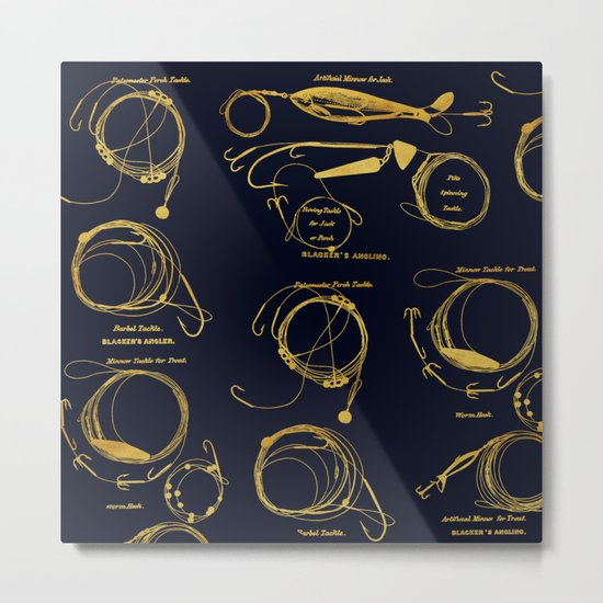 Maritime pattern- Gold fishing gear on darkblue backround Metal Print