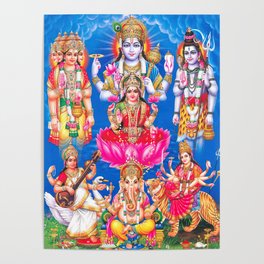 Lakshmi showering money with Ganesha, Saraswati, Shiva, Vishnu, and Durga  Poster