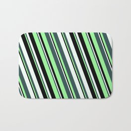 [ Thumbnail: Dark Slate Gray, Green, Black & Mint Cream Colored Stripes/Lines Pattern Bath Mat ]