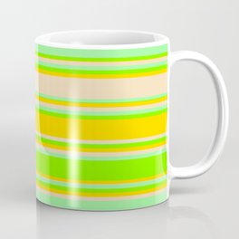 [ Thumbnail: Green, Chartreuse, Yellow & Tan Colored Stripes/Lines Pattern Coffee Mug ]