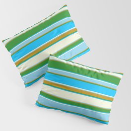 [ Thumbnail: Forest Green, Deep Sky Blue, Beige, Sky Blue, and Dark Goldenrod Colored Striped/Lined Pattern Pillow Sham ]