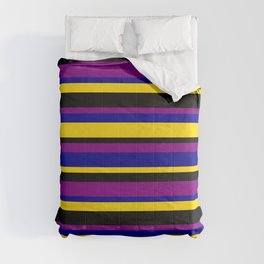 [ Thumbnail: Yellow, Black, Purple, and Dark Blue Colored Pattern of Stripes Comforter ]