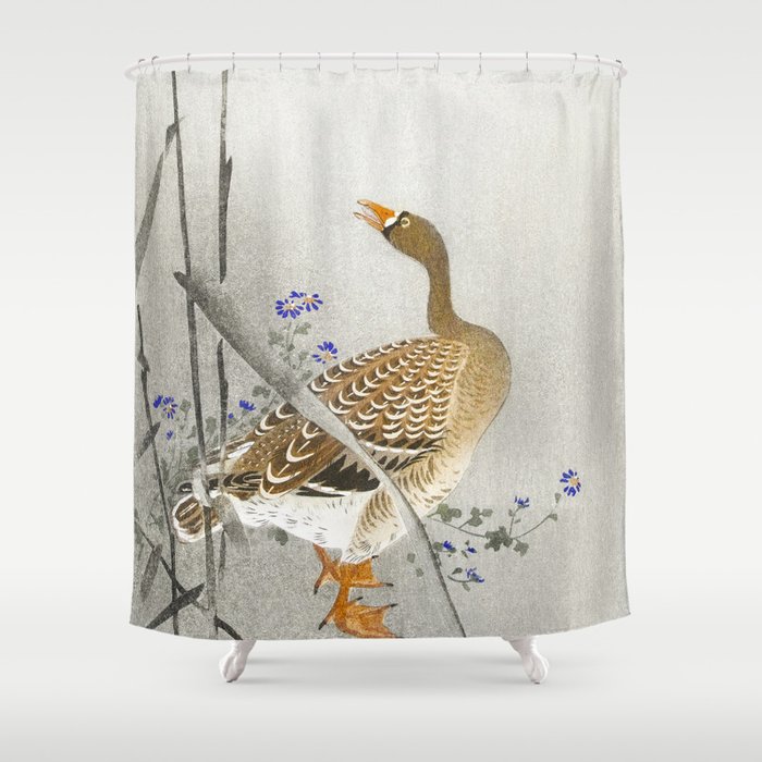 Goose and Moon  - Vintage Japanese Woodblock Print Art Shower Curtain