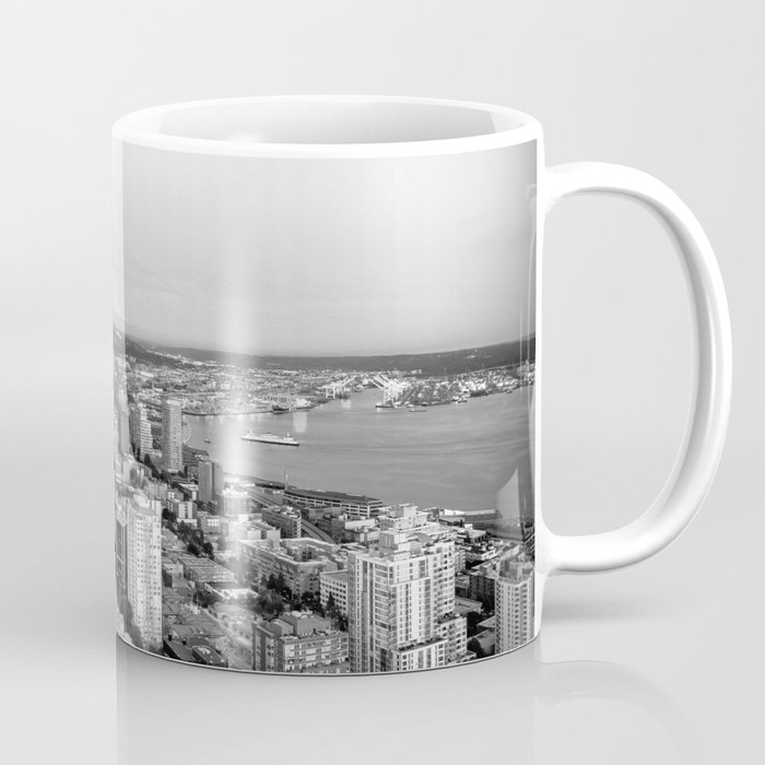 Seattle Skyline Harbor at sunset - black and white Coffee Mug