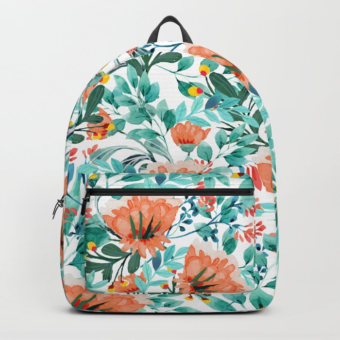 Tangerine Dreams, Orange & Mint Botanical Jungle Watercolor Painting, Colorful Plants Floral Summer Backpack