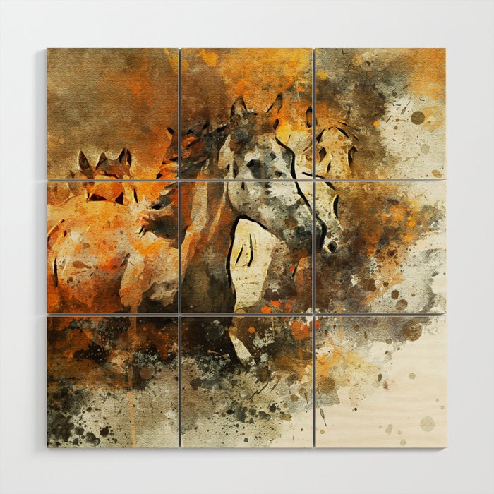 Watercolor Galloping Horses On Raw Canvas | Splatter Painting Wood Wall Art By Jesse Steel | Society6