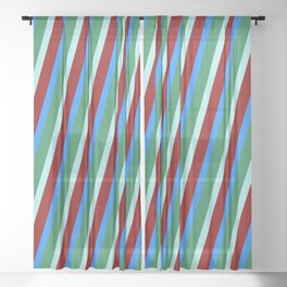 [ Thumbnail: Dark Red, Blue, Sea Green & Turquoise Colored Striped/Lined Pattern Sheer Curtain ]