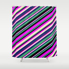 [ Thumbnail: Eyecatching Fuchsia, Bisque, Midnight Blue, Sea Green & Black Colored Lines/Stripes Pattern Shower Curtain ]