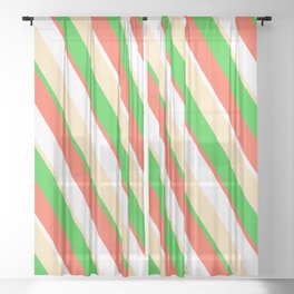 [ Thumbnail: Red, White, Beige, and Lime Green Colored Striped/Lined Pattern Sheer Curtain ]