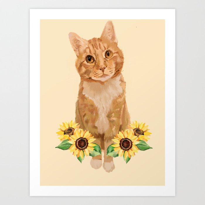 Personalized Sunflowers Cat Art Print Custom Cat Poster Cat 