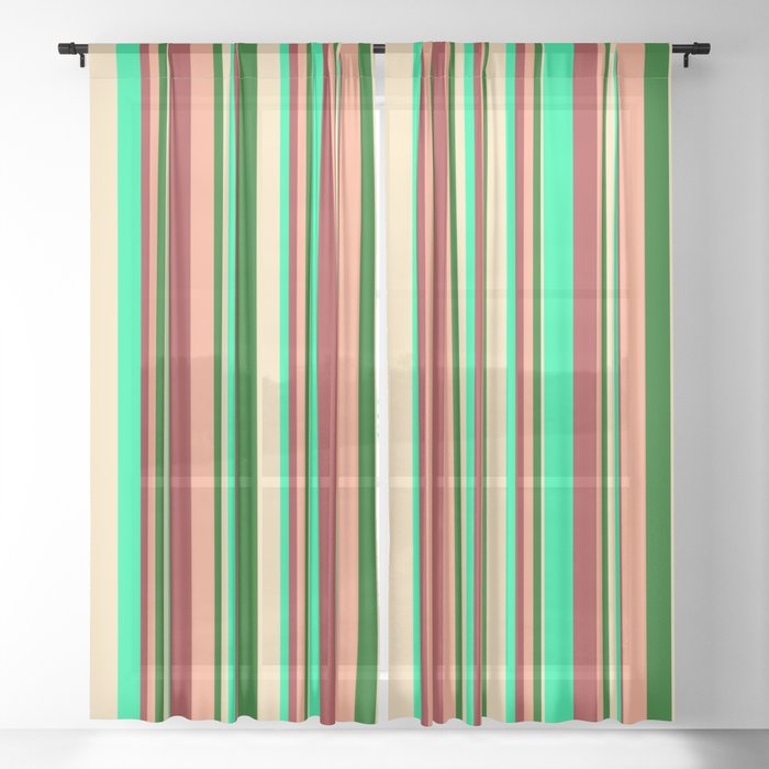 Eye-catching Brown, Green, Beige, Dark Green & Light Salmon Colored Lined/Striped Pattern Sheer Curtain