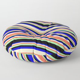 [ Thumbnail: Eye-catching Blue, Bisque, Red, Green, and Black Colored Lines/Stripes Pattern Floor Pillow ]