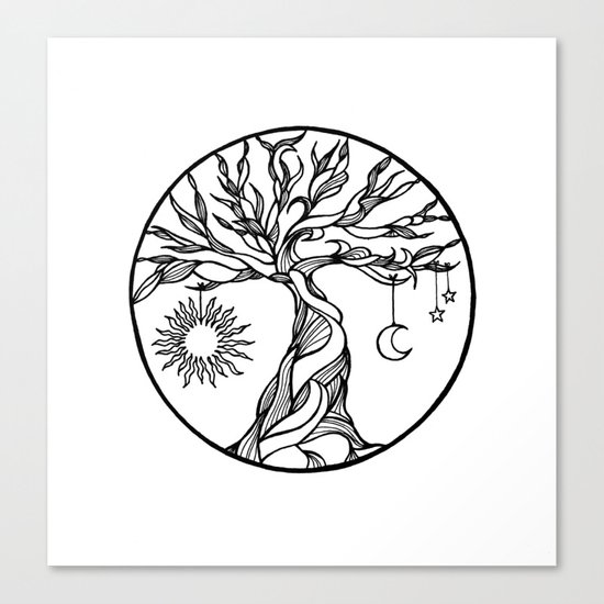 Black And White Tree Of Life With Hanging Sun Moon And Stars I Canvas Print