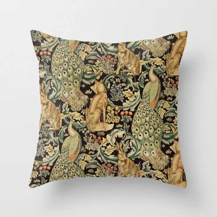 William Morris Vintage Craftsman Forest Compilation Charcoal Black  Throw Pillow