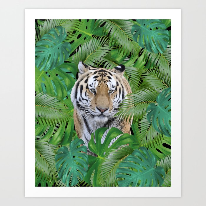 Jungle Wild Tiger Monstera Palm Leaves #jungle #tiger Art Print