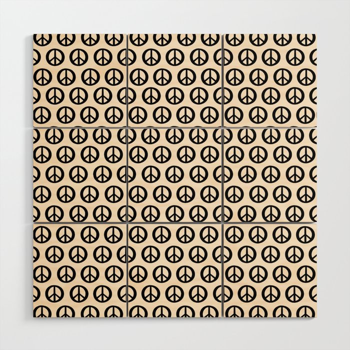 Inky Peace Dots Minimalist Pattern 3 in Black and Almond Cream Wood Wall Art
