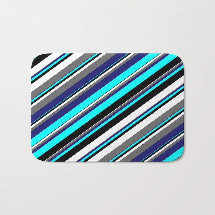 Aqua, Black, White, Dim Gray & Midnight Blue Colored Stripes/Lines Pattern Bath Mat