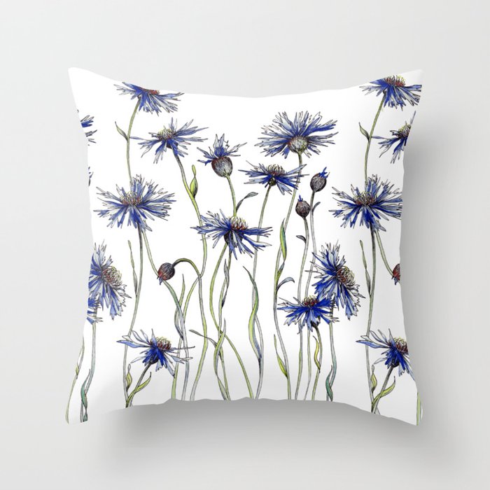 Blue Cornflowers, Illustration Throw Pillow