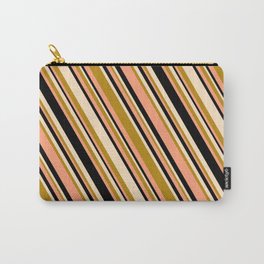 [ Thumbnail: Bisque, Dark Goldenrod, Light Salmon & Black Colored Stripes/Lines Pattern Carry-All Pouch ]