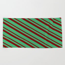 [ Thumbnail: Maroon & Sea Green Colored Striped Pattern Beach Towel ]