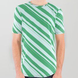 [ Thumbnail: Sea Green and Light Cyan Colored Pattern of Stripes All Over Graphic Tee ]