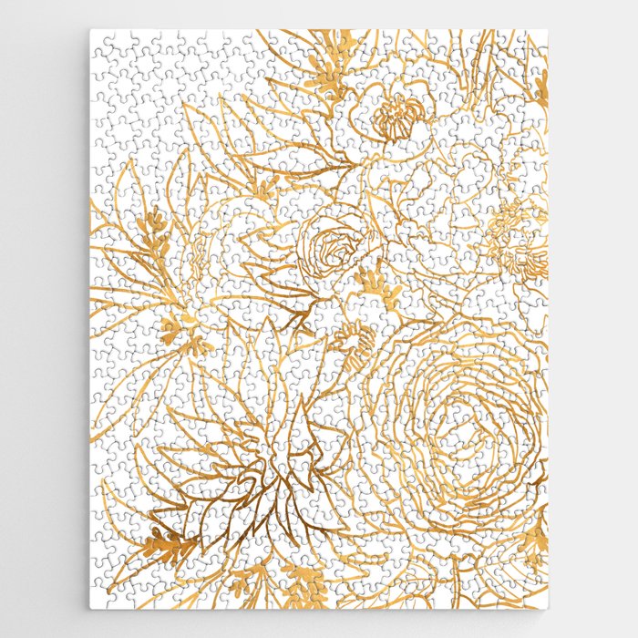 Nanette line art floral bouquet in gold (2) Jigsaw Puzzle