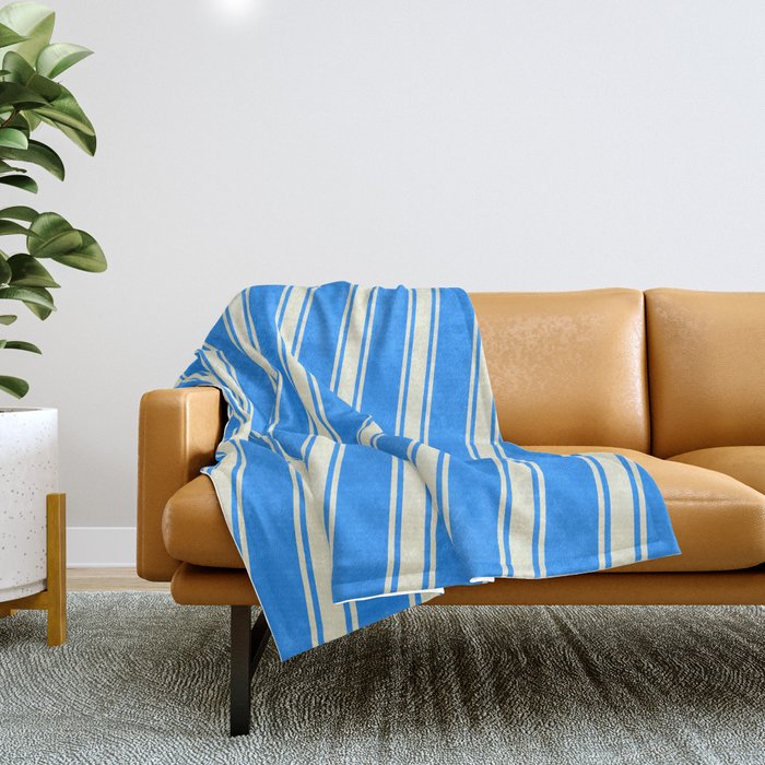 Blue and Beige Colored Striped/Lined Pattern Throw Blanket