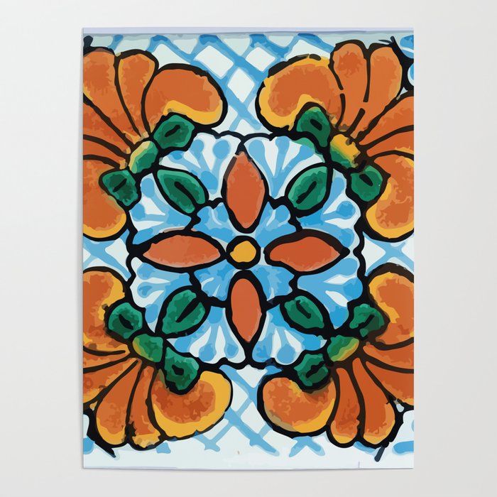 Celeste bouquet retro mexican talavera tile vintage interior design Poster