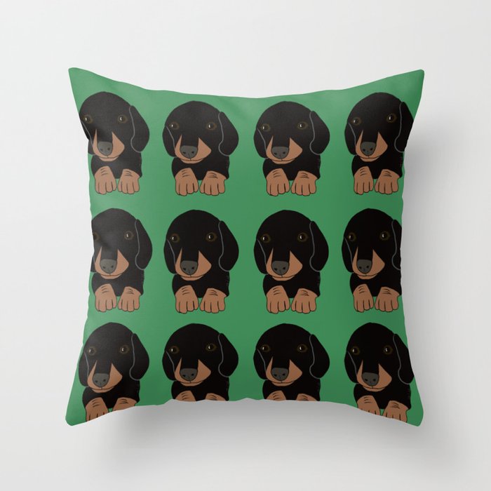 Dachshund Puppies Galore! Throw Pillow | Drawing, Digital, Dachshund-puppy, Dachshund-puppies, Dachshund, Cute, Green, Brown, Black, Gifts