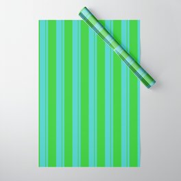 [ Thumbnail: Turquoise and Lime Green Colored Pattern of Stripes Wrapping Paper ]