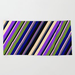 [ Thumbnail: Colorful Black, Beige, Purple, Green, and Blue Colored Pattern of Stripes Beach Towel ]