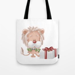 Cute little lion packing gift box with beige ribbon. Illustration in cartoon style. Tote Bag