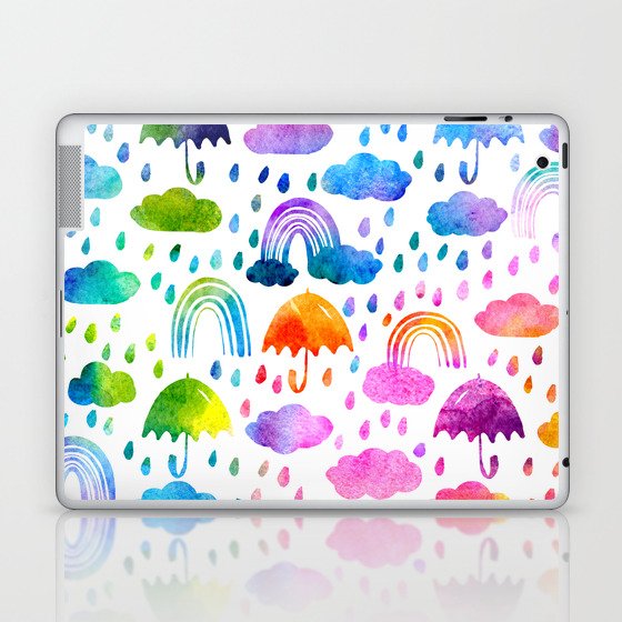 Rainbow Watercolor Umbrellas Rainy Day Laptop & iPad Skin