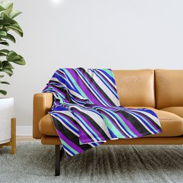 [ Thumbnail: Vibrant Dark Violet, Aquamarine, Blue, White, and Black Colored Striped/Lined Pattern Throw Blanket ]