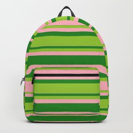 [ Thumbnail: Forest Green, Green, and Light Pink Colored Lined Pattern Backpack ]