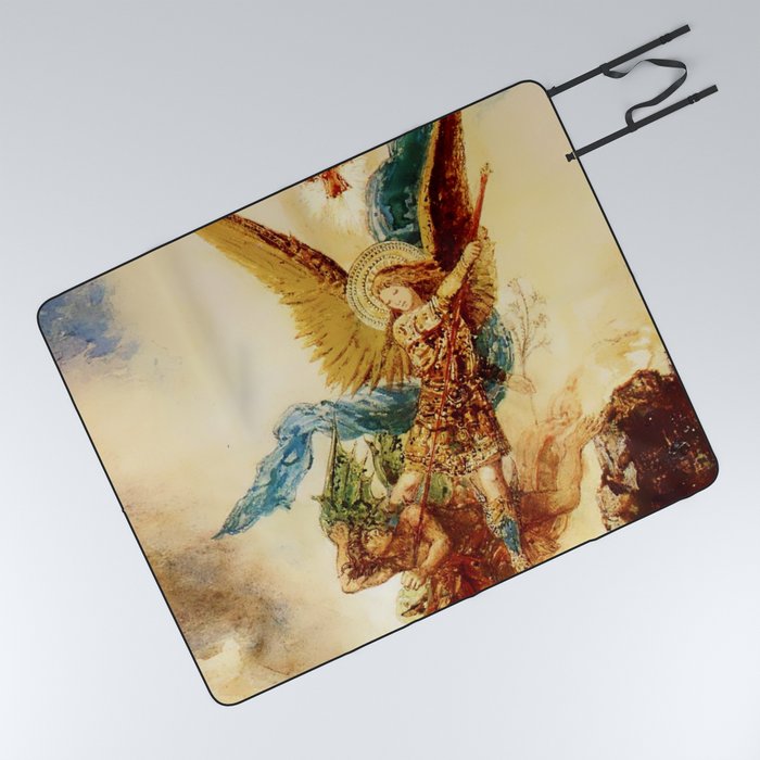 “St Micheal Vanquishing Satan” by Gustave Moreau Picnic Blanket