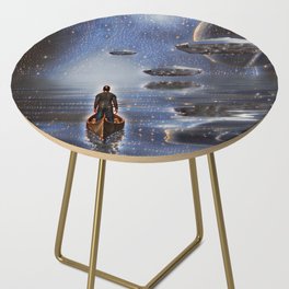 Outer Space Travel Spacecrafts over Alien Ocean Surrealism Art Side Table