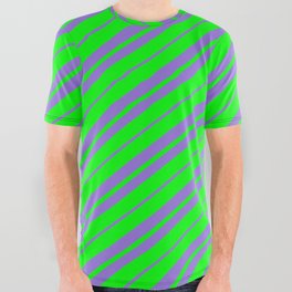 [ Thumbnail: Lime & Purple Colored Lined Pattern All Over Graphic Tee ]