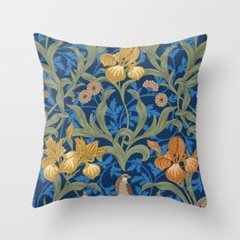 Vintage floral seamless pattern with orange iris and birds on blue background. Vintage illustration.  Throw Pillow | Wallpaper, William, Homedecor, Middle, Old Fashioned, Blue, Big, Illustration, Lily, Victorian 