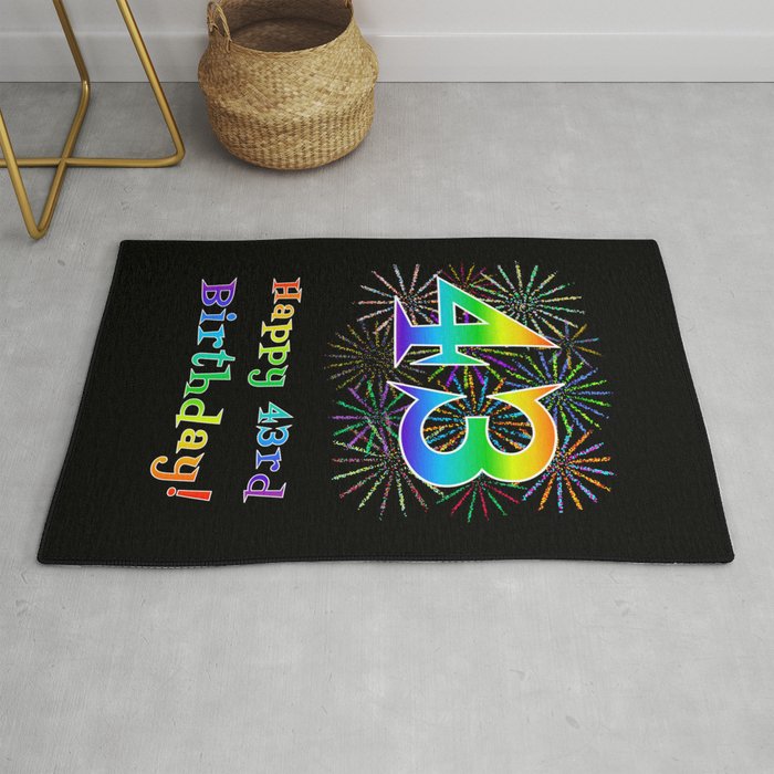 43rd Birthday - Fun Rainbow Spectrum Gradient Pattern Text, Bursting Fireworks Inspired Background Rug