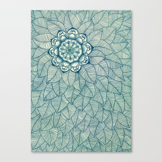 Emerald Green, Navy & Cream Floral & Leaf doodle Canvas Print