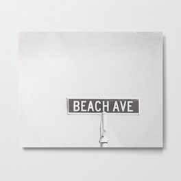 Black and White Beach Street Sign Photography, Grey Coastal Seashore Seaside Shore Gray Beach House Metal Print