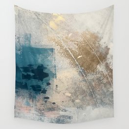 Embrace: a minimal, abstract mixed-media piece in blues and gold with a hint of pink Wall Tapestry