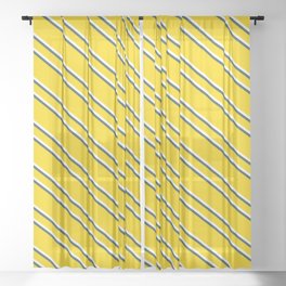[ Thumbnail: Yellow, White, and Dark Slate Gray Colored Lined/Striped Pattern Sheer Curtain ]
