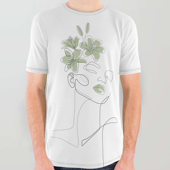 Matcha Lily Girl / Portrait drawing of a woman with flowers on her head All Over Graphic Tee