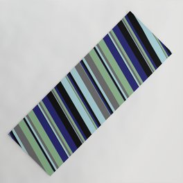[ Thumbnail: Powder Blue, Dim Gray, Dark Sea Green, Midnight Blue, and Black Colored Lines/Stripes Pattern Yoga Mat ]
