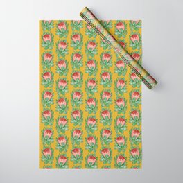Dancing proteas in mustard Wrapping Paper | Drawing, Mustard, Green, Dancingflowers, Yellow, Femketextiles, Flowers, Floral, Pink, Protea 